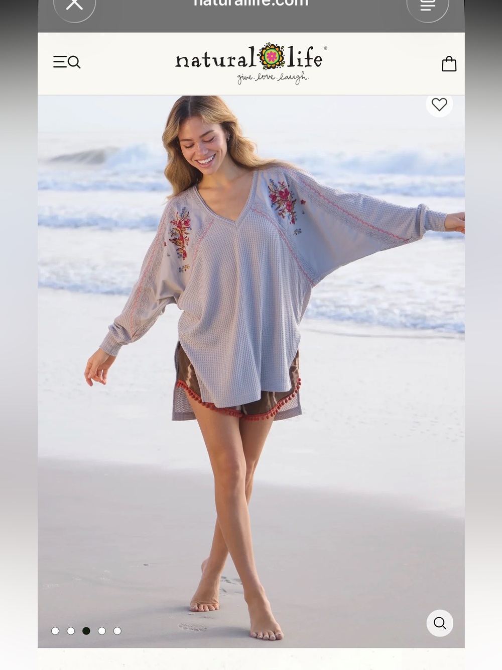 NATURAL LIFE Light Gray Embroidered V-Neck Tunic with Pink Floral Accents